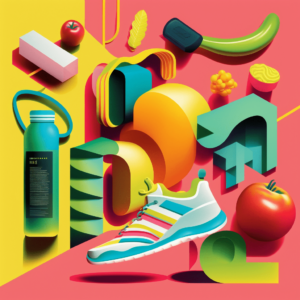 A dynamic digital illustration for a fitness blog featuring colorful fitness-related objects arranged in an eye-catching composition.