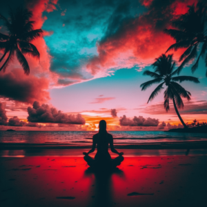 A woman practicing yoga on a beach at sunset. The warm tones of the image create a glowing and ethereal atmosphere. The woman is sun-kissed and surrounded by bright colors, including turquoise water and pastel clouds. The orange sun adds to the tropical paradise feel of the scene. The image evokes feelings of peace, serenity, tranquility, and bliss.