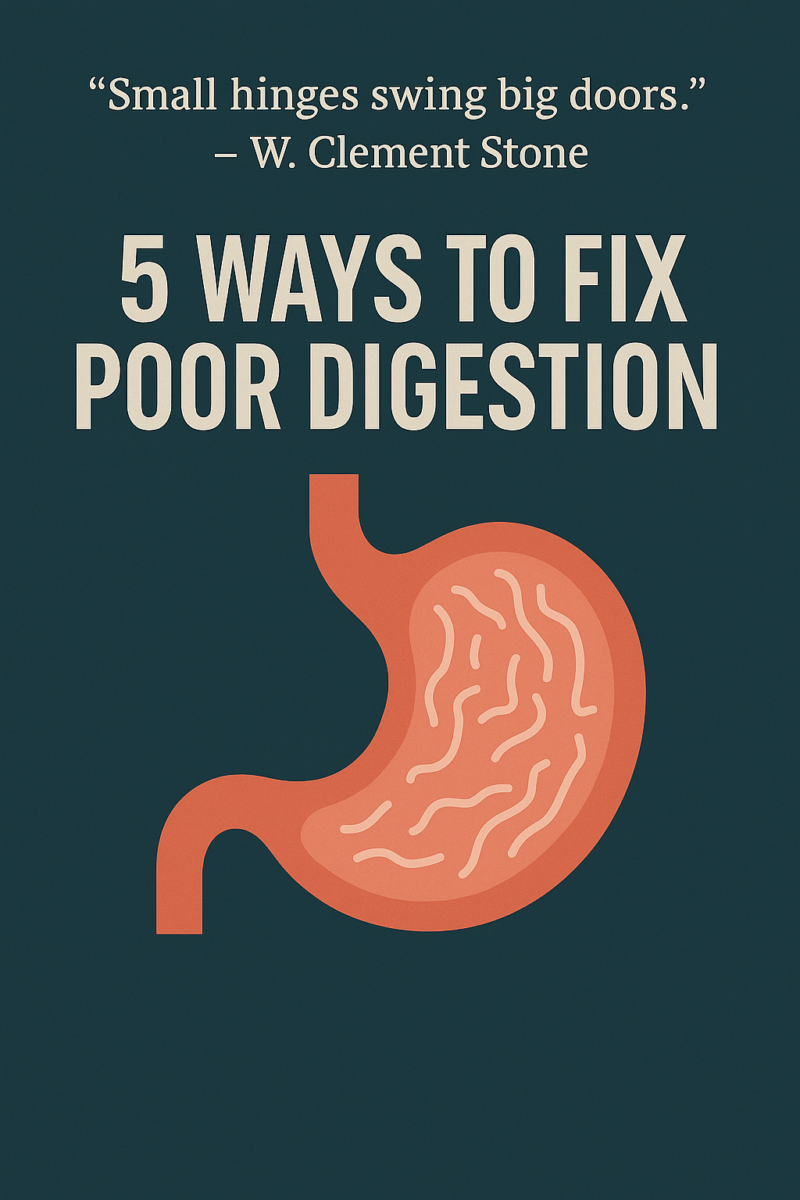 Graphic featuring the quote "Small hinges swing big doors" by W. Clement Stone, used in a blog post about improving digestion through simple habits.