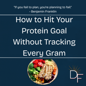 Healthy high-protein meal with grilled chicken, vegetables, and grains with blog title 'How to Hit Your Protein Goal Without Tracking Every Gram