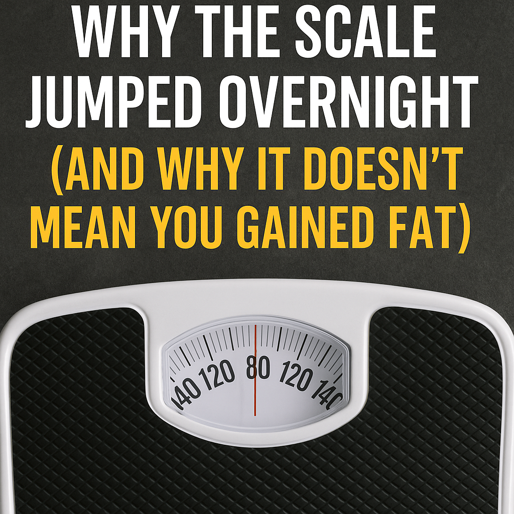 Bathroom scale with blog title “Why the Scale Jumped Overnight (And Why It Doesn’t Mean You Gained Fat)” – weight loss concept.