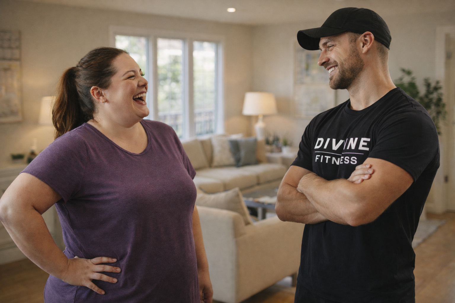 Client laughing with her Divine Fitness coach