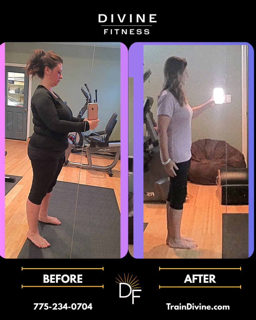 Before and after female weight loss transformation with Divine Fitness, a mobile personal trainer in Reno and Sparks offering in-home personal training.