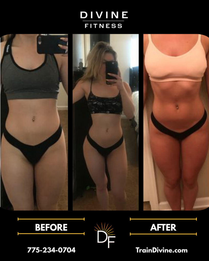 Female before and after body transformation from Divine Fitness, a Reno mobile personal training business serving Reno and Sparks.