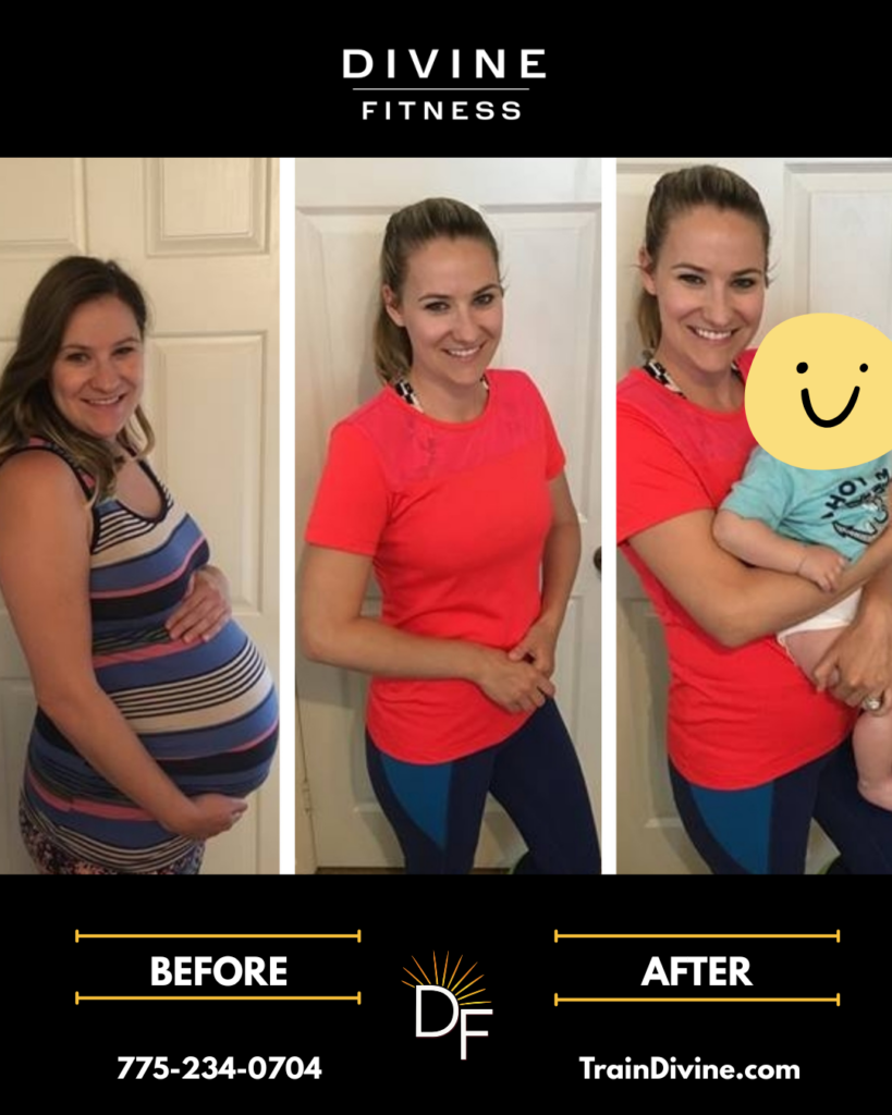 Postpartum before and after fitness transformation with Divine Fitness, a mobile personal trainer in Reno and Sparks.