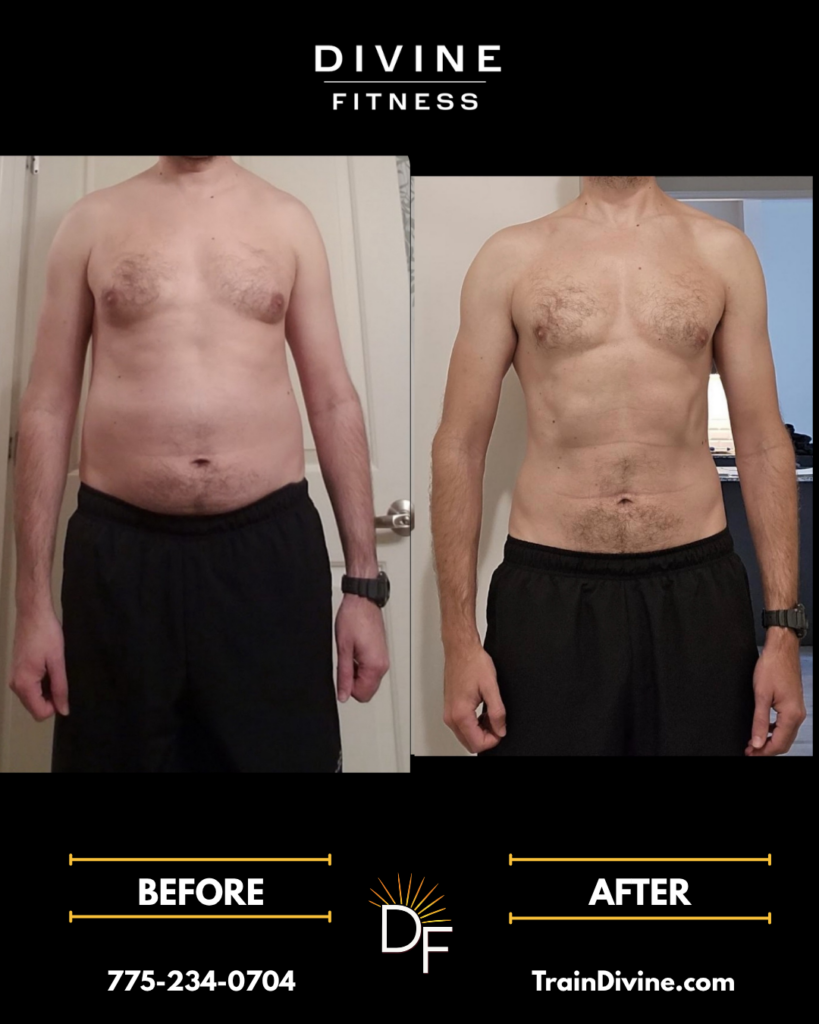 Male weight loss before and after transformation from Divine Fitness, a Reno and Sparks mobile personal trainer.