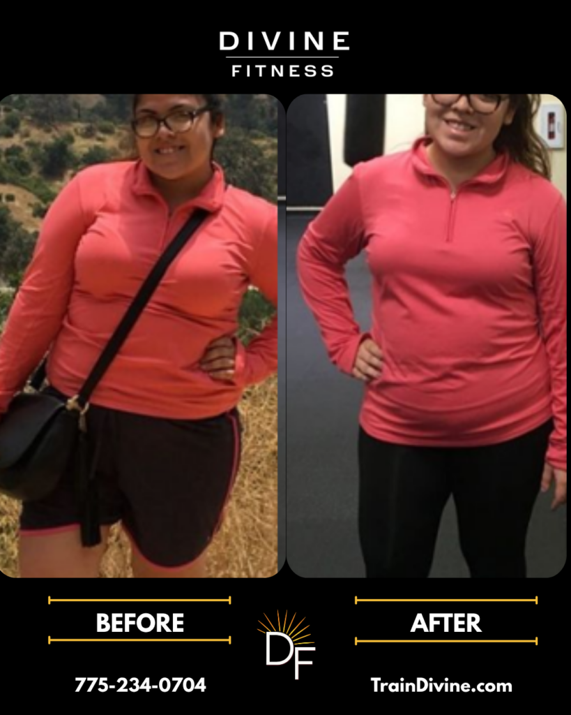 Female weight loss before and after transformation with Divine Fitness, a mobile personal trainer serving Reno and Sparks.