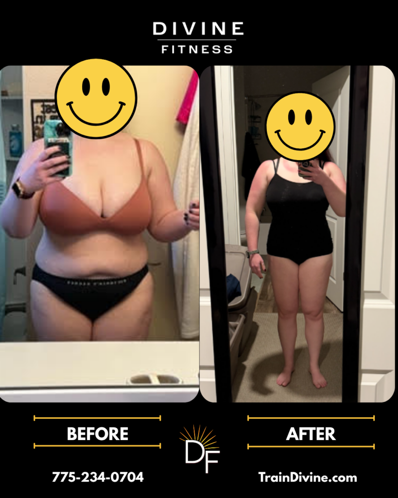 Female weight loss before and after transformation with Divine Fitness, a mobile personal trainer serving Reno and Sparks.