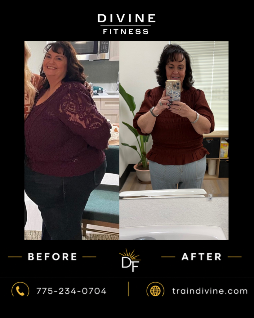 Before and after weight loss transformation from Divine Fitness, a Reno mobile personal training business serving Reno and Sparks.