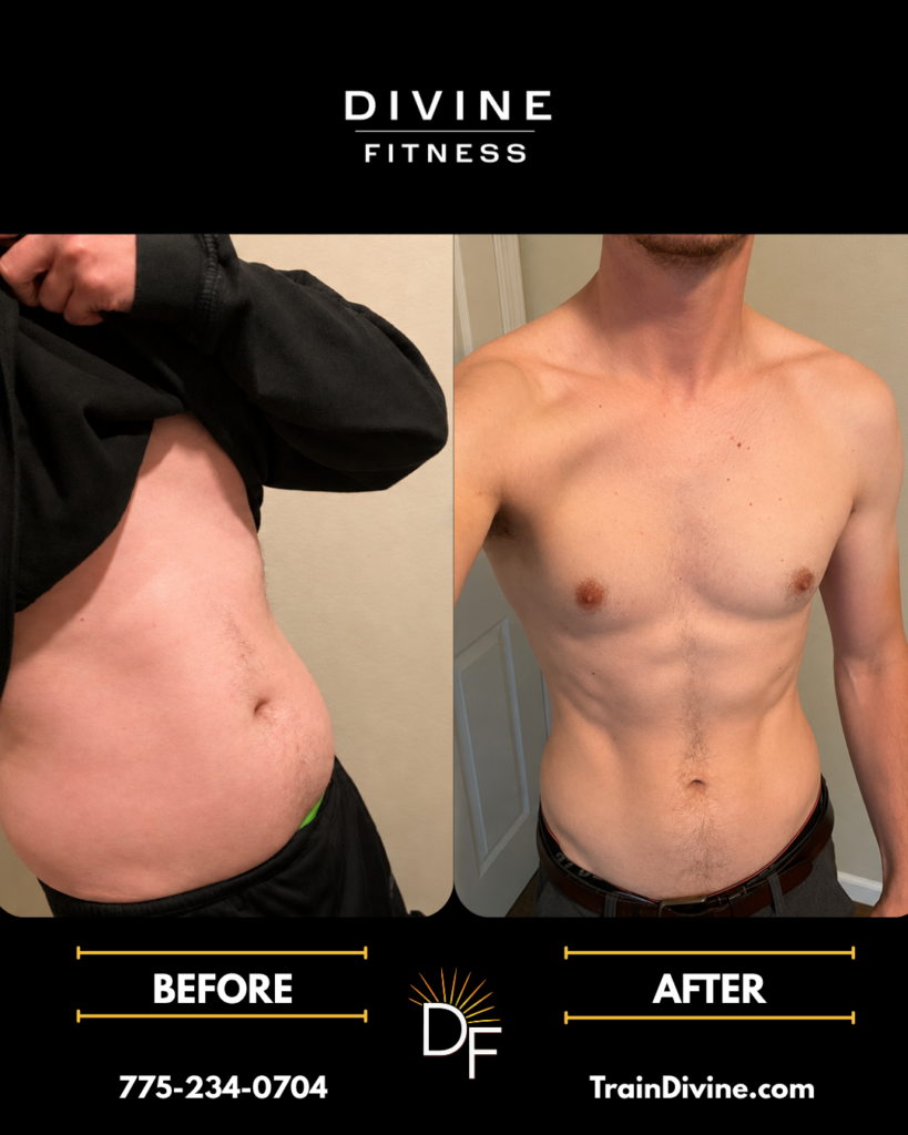 Male muscle gain before and after transformation with Divine Fitness, a Reno mobile personal trainer serving Reno and Sparks.
