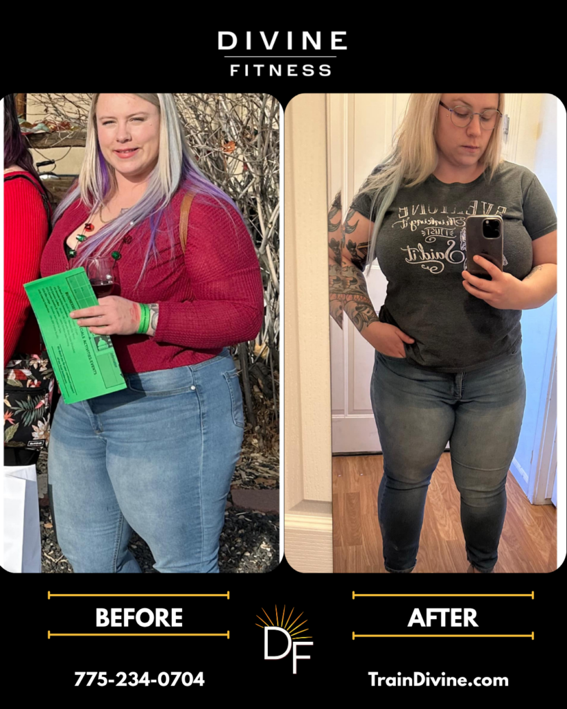 Female weight loss before and after transformation with Divine Fitness, a Reno and Sparks mobile personal trainer.