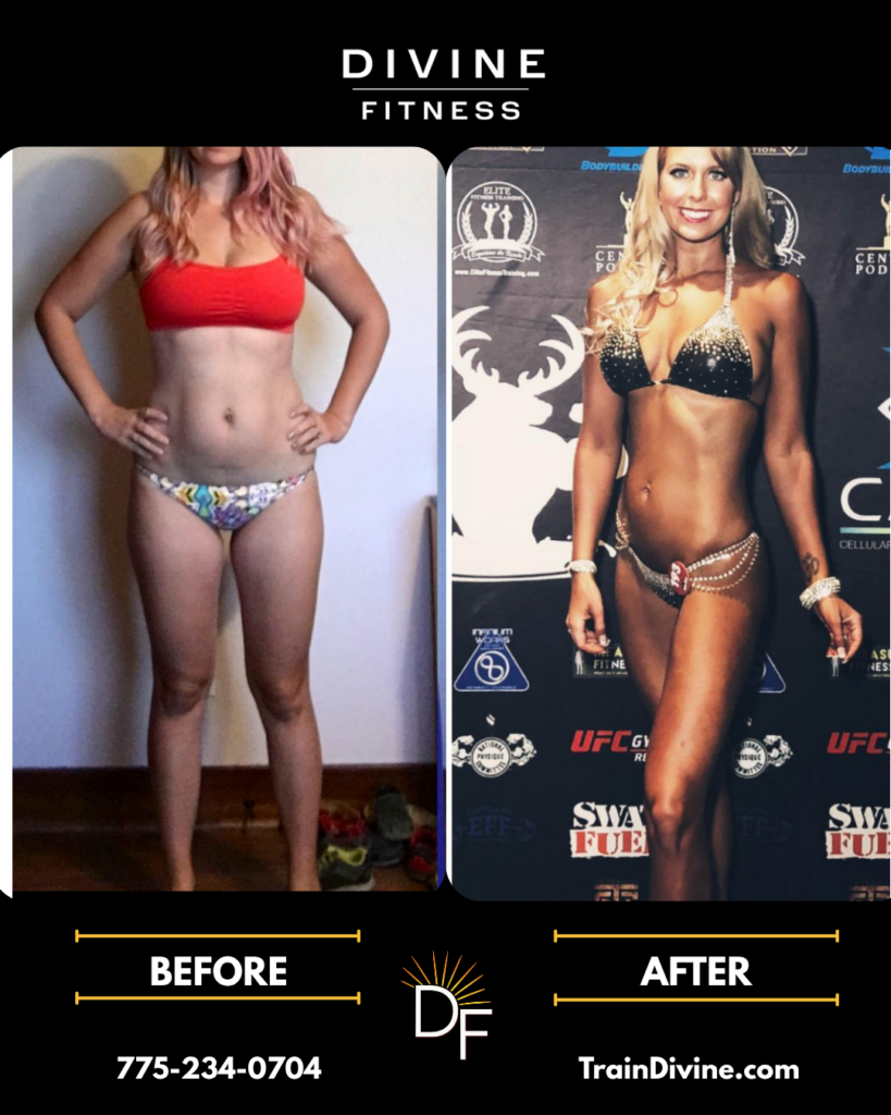 Female fitness transformation with Divine Fitness, a Reno mobile personal training company helping clients build lean muscle, confidence, and strength.