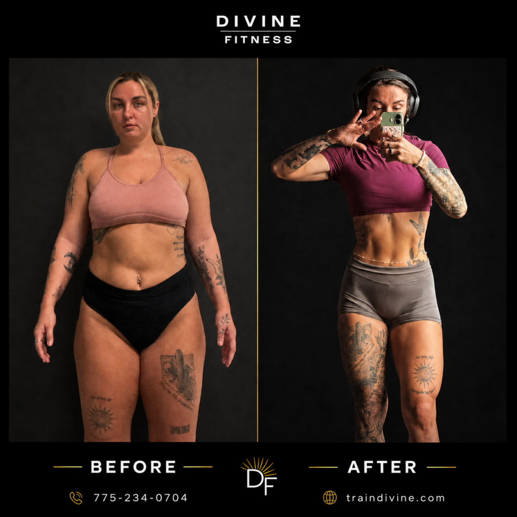 Before and after female fitness transformation from Divine Fitness, a mobile personal trainer in Reno and Sparks offering in-home personal training and online coaching.
